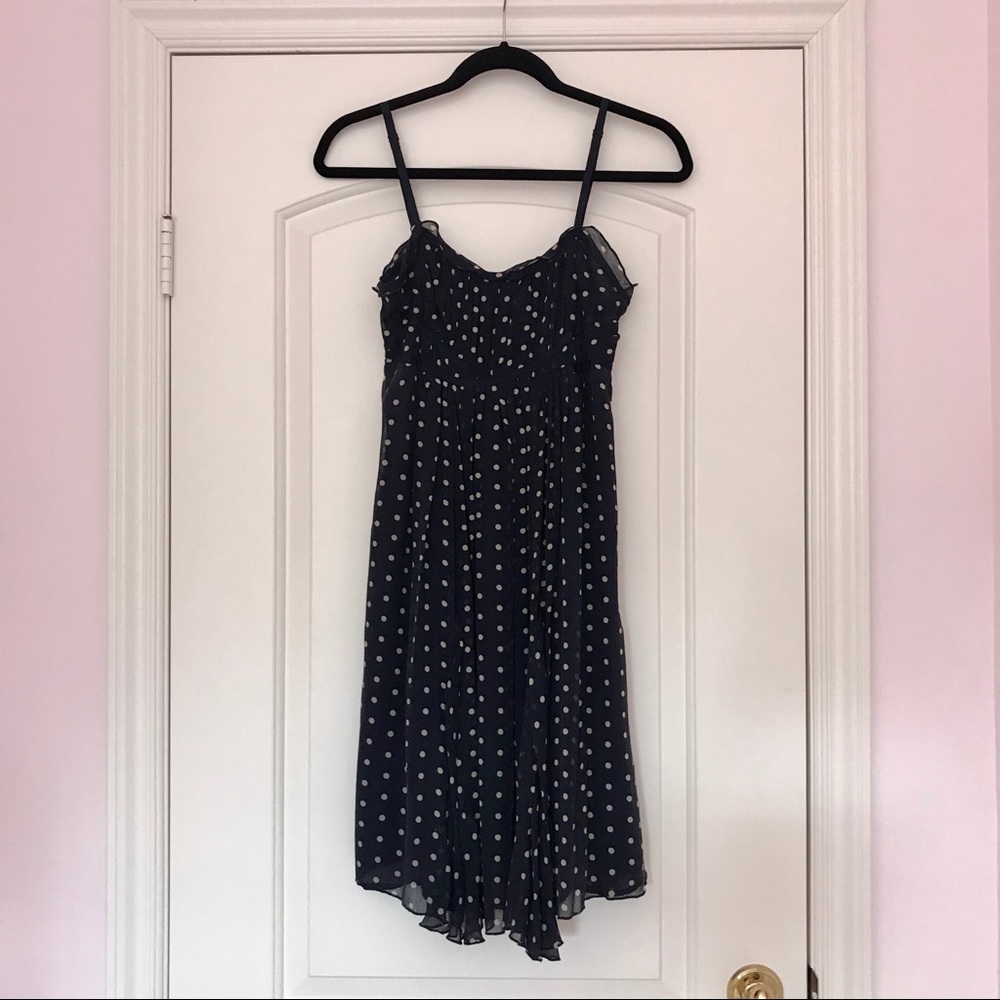 Navy blue and white polka dot midi dress.